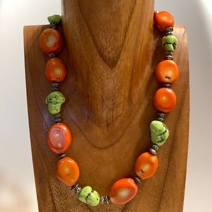 Chunky orange coral and green turquoise howlite nugget necklace